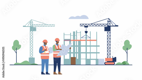 Two construction workers reviewing a blueprint on a construction site with cranes and building frame work