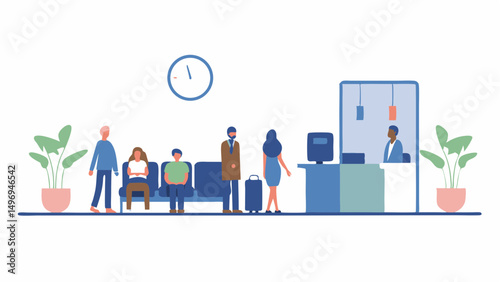 Illustration showing a waiting area with people sitting and standing near a reception desk and plants