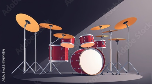 Red Drum Kit with Orange Cymbals on Stage