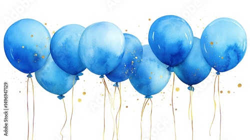 A watercolor illustration of blue balloons with gold