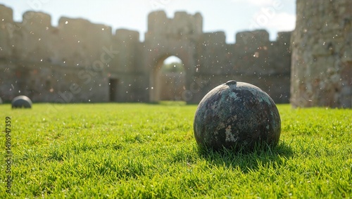 Weathered cannonball in fortress courtyard