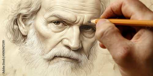 Extreme close-up of a hand holding a classic graphite pencil and drawing a beautiful portrait of a mature man on a sheet of paper, concept of art and freehand drawing. Generative Ai.