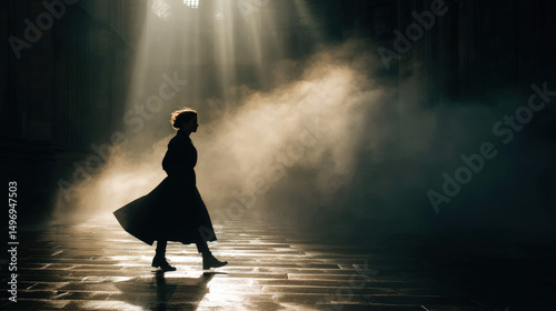 Individual Walking Through Rain with Dynamic Pose and Wind in Long Coat Under Dramatic Light