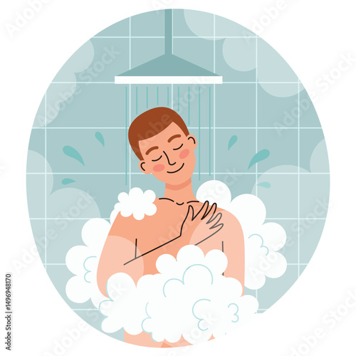 A man in the shower. Morning routine and hygiene. Flat cartoon vector illustration.