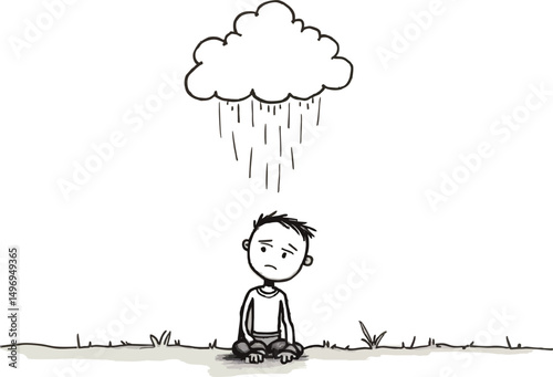Vector cartoon stick figure drawing conceptual illustration of sad or depressed man siting alone