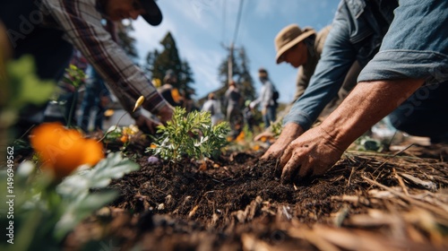Wallpaper Mural Volunteers Planting Flowers Together in Community Garden, Representing Teamwork, Sustainability, and Environmental Stewardship : Generative AI Torontodigital.ca