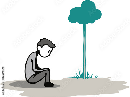 Vector cartoon stick figure drawing conceptual illustration of sad or depressed man siting alone