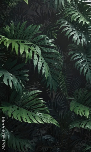 Intricate overlapping exotic leaves, deep shadows, elegant tropical motif , dense, overlay texture