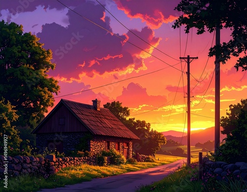 A stone house with a red roof at sunset with a road and trees and telephone poles in the countryside