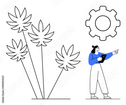 Woman holding tablet points toward gear icon alongside cannabis plants. Ideal for innovation, technology, cannabis industry, agriculture, leadership, education, simple landing page