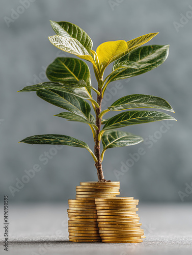 A healthy green plant sprouting from stacks of golden coins, illustrating the concept of investment, savings, and sustainable wealth.
