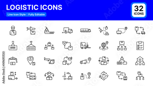 Logistics Icons Set. Vector Line Icons of Delivery, Warehouse, Package, Cargo, Container, Storage, Transport, Supply, Pickup, Drop. Fully Editable and Scalable Design for Web, Mobile Apps, and Print.