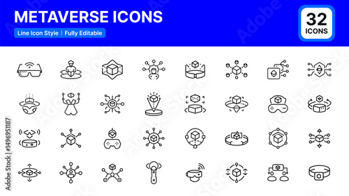 Metaverse Icons Set. Vector Line Icons of VR, AR, Avatar, Virtual Space, Headset, Space, Simulation, Interaction, Cyberspace, Game. Fully Editable and Scalable Design for Web, Mobile Apps, and Print.