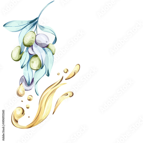 Olives and olive oil captured in a vibrant watercolor illustration celebrating Italian cuisine and natures bounty frame, border, arrangement