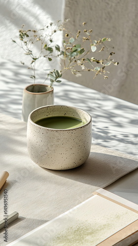 Minimalist flat lay with eucalyptus plant, ceramic teacup of matcha green tea, notebook and pen on white textured surface, calm aesthetic for wellness, creativity, relaxation, journaling