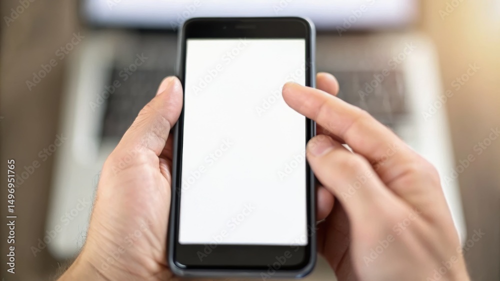 Citizen Tax Responsibility concept. A hand holding a smartphone with a blank screen, in front of a laptop keyboard. Citizen Tax Responsibility concept. A hand holding a smartphone with a blank screen, in front of a laptop keyboard.