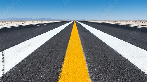 Empty road with clear sky and bold yellow center line extending into the horizon photo