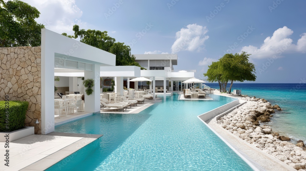 Fototapeta premium Hotel infinity pool overlooking ocean, turquoise water, clear sky, luxurious vibe.
