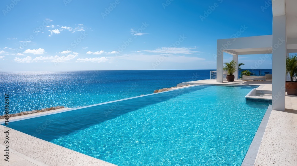 Fototapeta premium Hotel infinity pool overlooking ocean, turquoise water, clear sky, luxurious vibe.