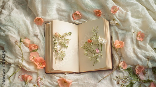 Open book flat lay dried flowers linen background vintage botanical arrangement pastel colors romantic natural light calm mood creative art floral preservation soft cozy aesthetic