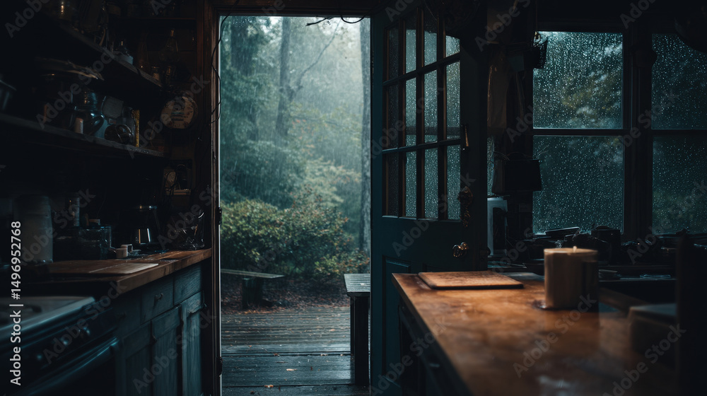 Obraz premium Cozy Humble Kitchen with Open Door and Rainy View Creating a Calm and Serene Atmosphere Amidst Chaos
