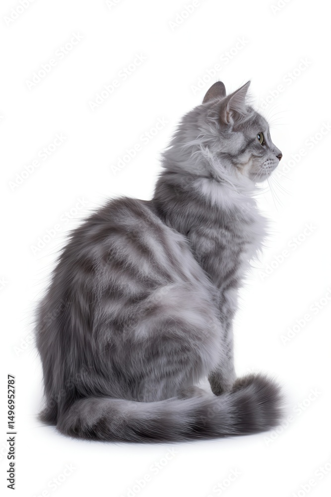 Obraz premium Cat sitting back view isolated on white background, calm feline posture, domestic cat, fur detail, pet silhouette, peaceful animal, minimalistic studio backdrop, tranquil cat, animal photography