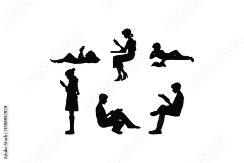 Silhouette Vector Collection of Boys and Girls Reading Books in Various Poses and Activities