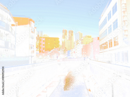 神田川と新宿のビル群。イラスト風の写真。