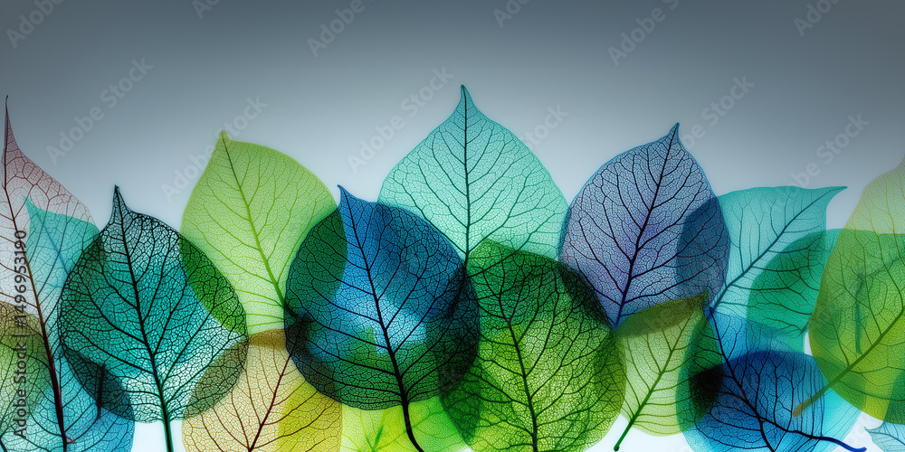 Naklejka premium A layered composition of translucent leaves in teal, green, and amber hues, forming a delicate botanical abstract background.