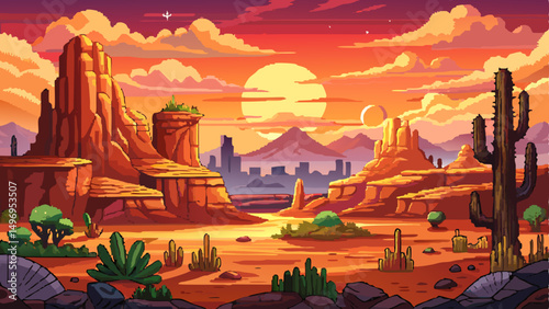 vector of wild west desert landscape. Western landscape of Arizona, Texas or Mexican desert valley with sunset in sky