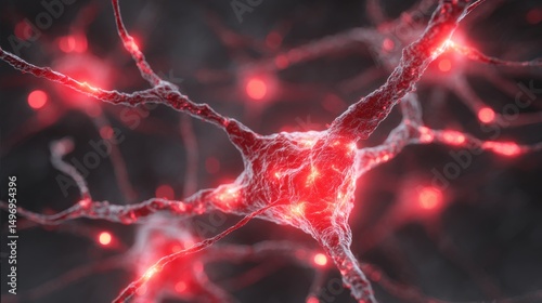 Microscopic view of glowing red neurons interconnected. Science and medicine concept.