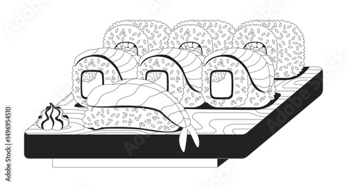 Mixed sushi platter on wooden tray 2D line object. Shrimp nigiri, sushi rolls with salmon slices and roe, served with wasabi isolated clipart vector ink outline item. Monochrome spot illustration