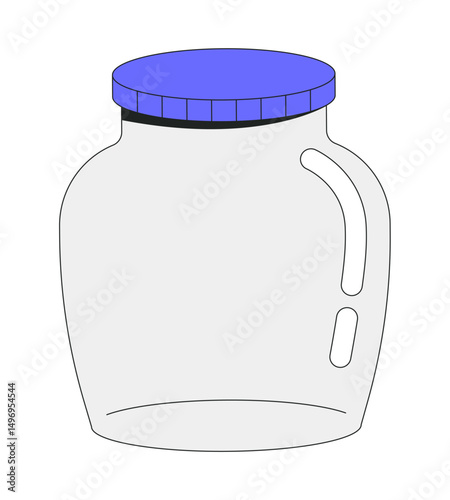 Empty jar with purple lid 2D cartoon object. Pantry storage, savings, food preservation. Preserved goods. Sealed glass container isolated element flat vector clip art on white. Spot illustration