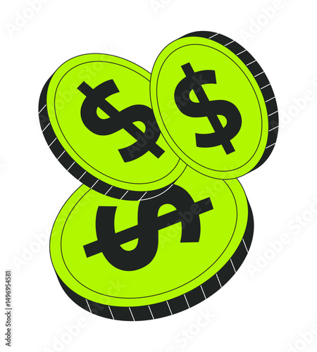 Dollar coins pile 2D cartoon object. Cash profit. Financial income, investment money, savings. Economy currency. Banking finance isolated element flat vector clip art on white. Spot illustration