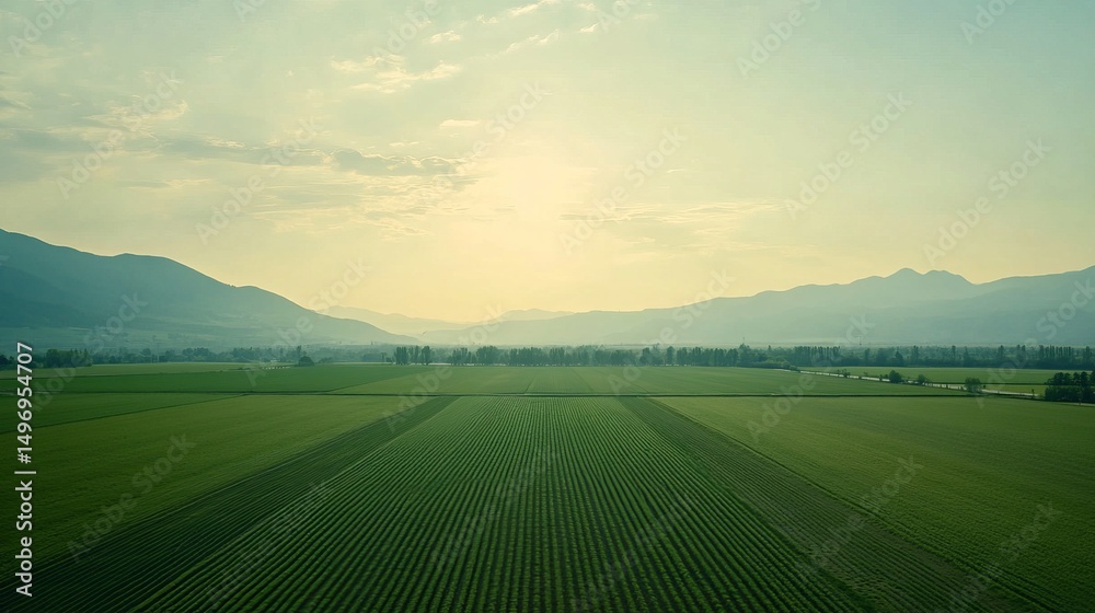 Obraz premium Aerial view of vast farmland with green crops divided into neat plots, symbolizing land leasing contracts and sustainable agriculture. Agricultural business concept.