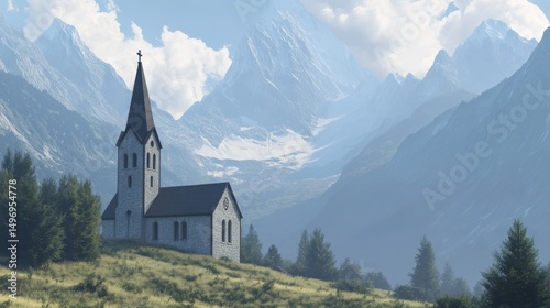 A church sits high in the Alps mountains. It's a scenic mountain view with a church nestled within the Alpine landscape.
