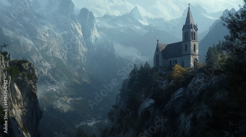 A church sits high in the Alps mountains. It's a scenic mountain view with a church nestled within the Alpine landscape.
