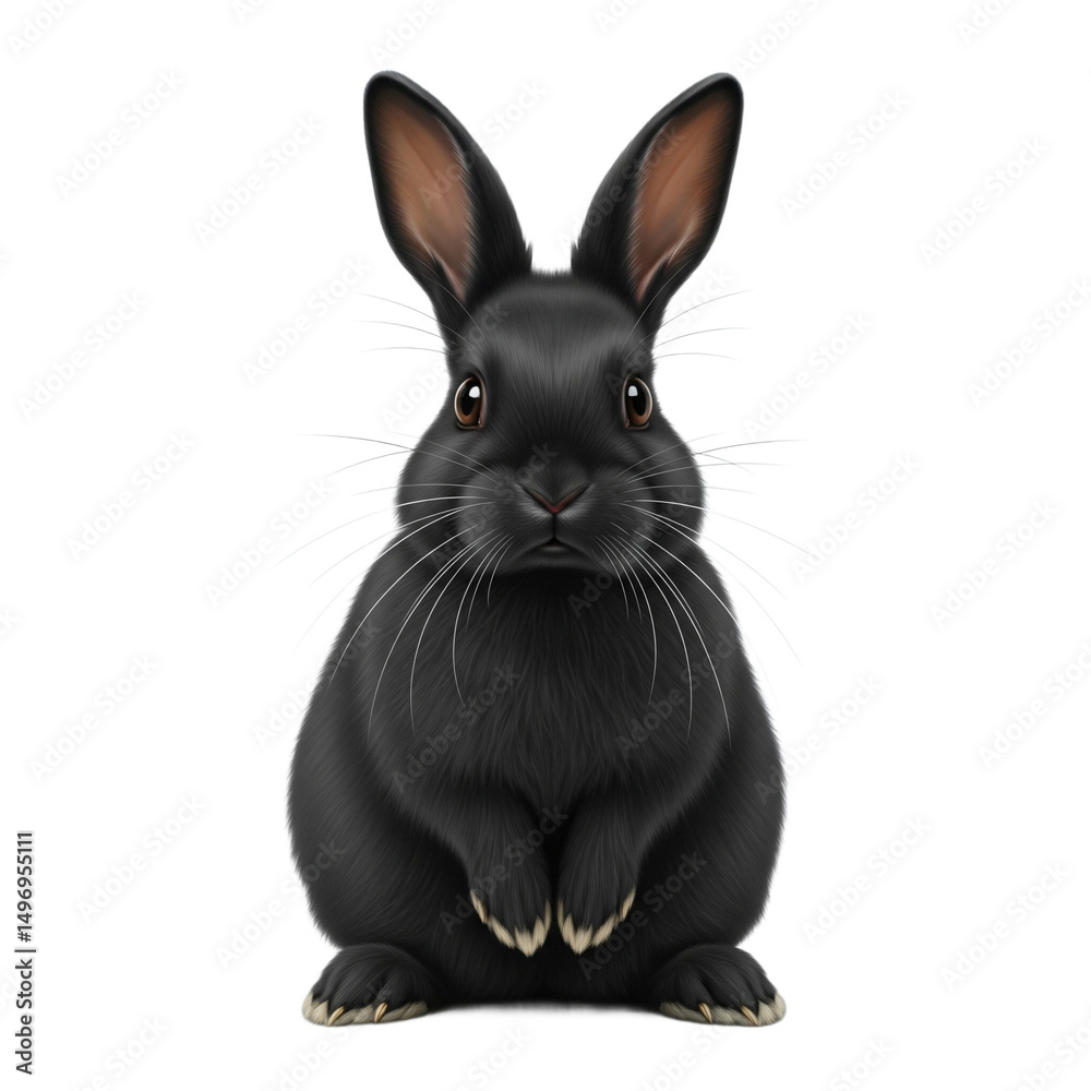 Fototapeta premium Adorable Black Rabbit Sitting Upright on a Soft White Background - Charming Animal Portrait