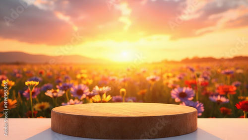 Fototapeta Naklejka Na Ścianę i Meble -  Wooden podium displayed with beautiful summer meadow flowers and dramatic sunset background