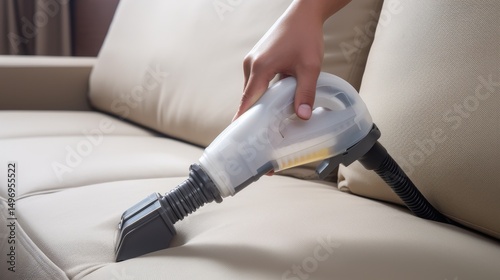 A cleaning tool sits on the arm of a light-colored couch. It's ready to be used for cleaning the couch fabric deeply.

