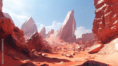 A desert scene with red rock canyons. It shows the beautiful, rocky landscape.
