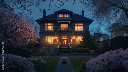 A fancy house in Vancouver, Canada looks beautiful at night in April 2025. Spring flowers add to the view.
