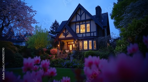 A fancy house in Vancouver, Canada looks beautiful at night in April 2025. Spring flowers add to the view.
