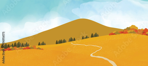 Abstract autumn landscape background vector. Panorama view wallpaper in minimal design with mountain, sky, field. Illustration for print, interior, wall art, decoration, cover, banner.