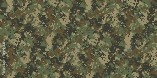 Intricate digital camouflage pattern in earthy greens, browns, and tans.