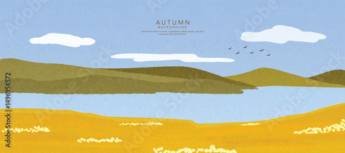 Abstract autumn landscape background vector. Panorama view wallpaper in minimal design with mountain, sky, field, bird, river. Illustration for print, interior, wall art, decoration, cover, banner.