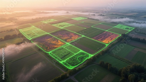 Aerial view of vast farmland with green crops divided into neat plots, symbolizing land leasing contracts and sustainable agriculture. Agricultural business concept.