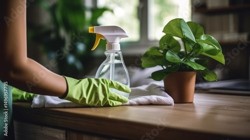 A woman at home is putting on cleaning gloves to clean and disinfect. She's ready to make her house healthy and germ-free.
