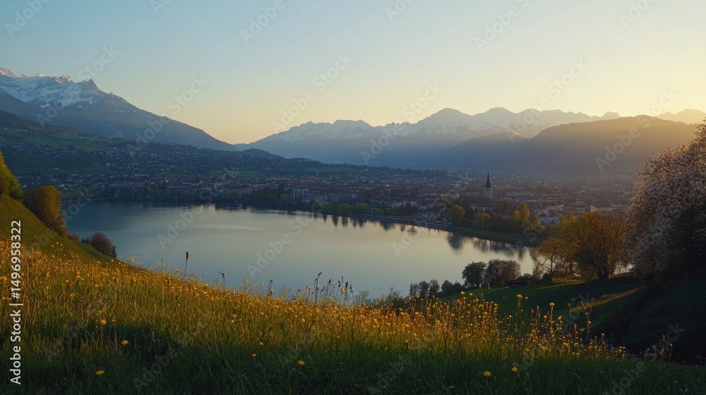 Obraz premium Beautiful mountain view and countryside scene on a spring morning. Photo taken May 17, 2025, in Zurich, Switzerland.