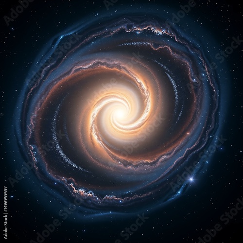 Bright galactic core surrounded by stars and glowing dust photo